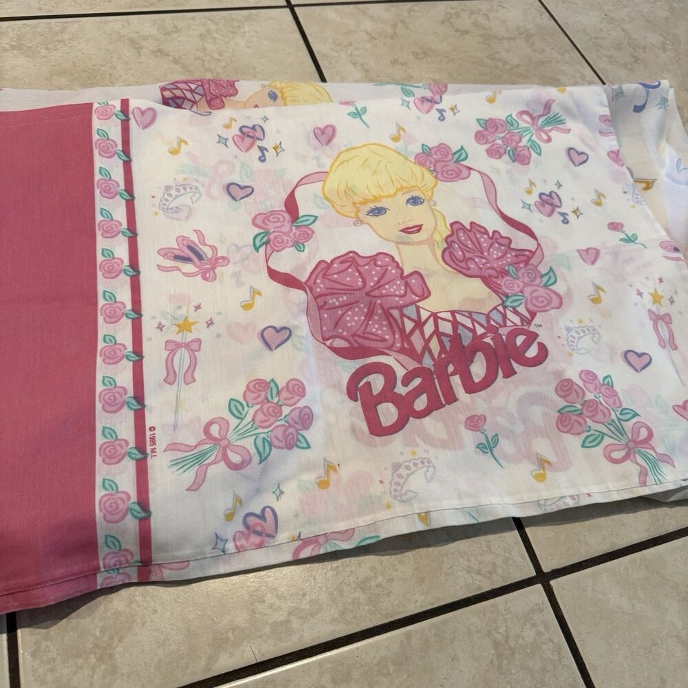 Vintage 1 Barbie Pillow Case  AND Fitted Sheet Pink Ballerina Roses Blonde 1995